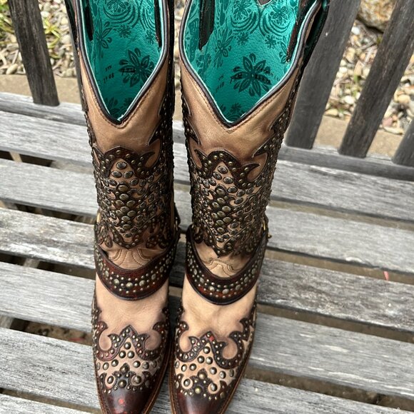 Corral Women's Sand/Overlay w/ Studs Brown Leather Boots!  Gorgeous! Size 7 1/2 - Picture 10 of 16